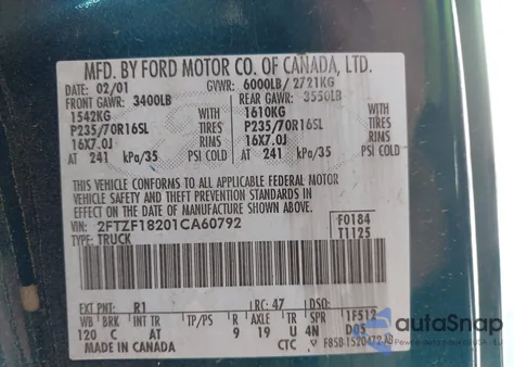 2001 Ford F150 z USA, uszkodzony, nr VIN 2FTZF18201CA60792